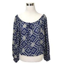 Olivaceous Top Peasant Blouse Womens Large Boho  Blue White Tie Front Bl... - £15.08 GBP