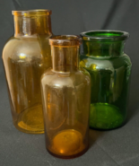 3 Vintage Green and Amber Apothecary Jars - No Stoppers - £14.25 GBP