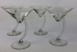 Set of 4 Clear Martini Cocktail Glass Bent Crooked Stem Barware 6.5” Tall - £35.50 GBP