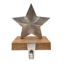 Silver Metal Star Shaped Christmas Stocking Hanger Holder Faux Wood Base Stand - £19.74 GBP