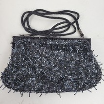 Vintage Mid Century Lancome Beaded Sequin Purse Clutch 8x5&quot; Black w/ Rope - $18.98 CAD