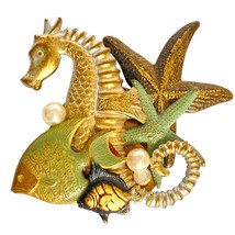 Under the Sea Fish Seahorse Starfish Faux Pearls Gold Tone Large Brooch Pin - £15.91 GBP