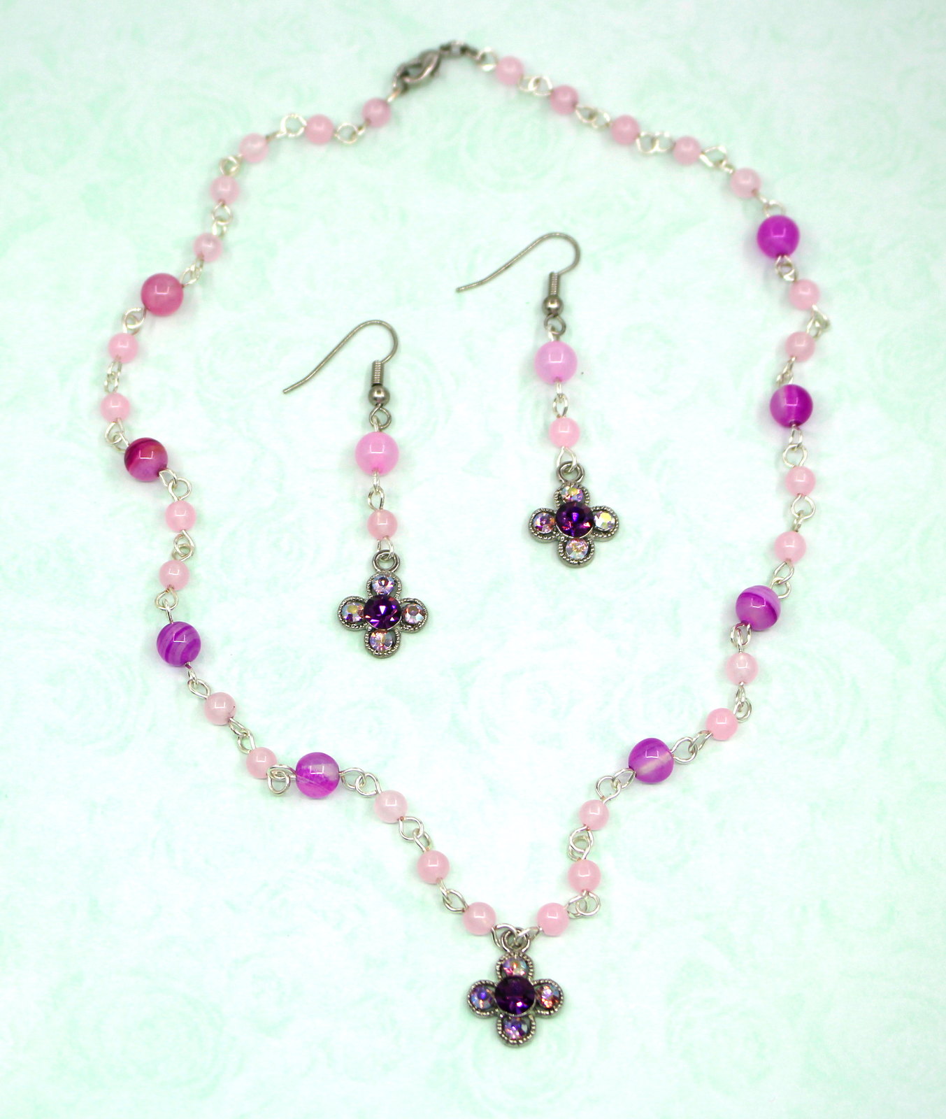 Swarovski Elements Crystal Clover Pink Violet Agate Jasper Necklace Earring Set - $9,999.00