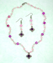 Swarovski Elements Crystal Clover Pink Violet Agate Jasper Necklace Earring Set - £7,974.38 GBP