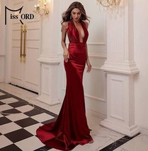 Miss ord Women Sexy V Neck Sleeveless Long Halter Party Dress,Red-Medium - £64.24 GBP
