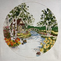 Vintage Crewel Embroidery- Unfinished Cottage Bridge River Forrest Scene... - $32.73