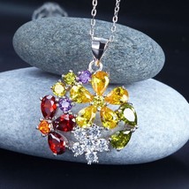 3.5Ct Pear Cut Multi-Colour Created Topaz Flower 925 Silver Pendant Necklace - £90.08 GBP