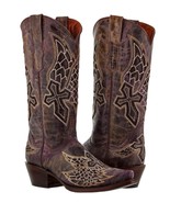 Women&#39;s Inlay Angel Wings Cross Leather Cowboy Boots Distressed Purple S... - £84.57 GBP