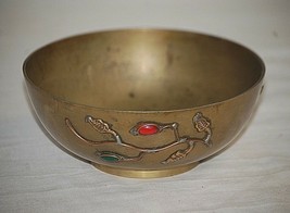 Old Vintage 6-1/2&quot; 3D Cloisonne Brass Bowl w Red &amp; Green Faux Stones China - £27.17 GBP