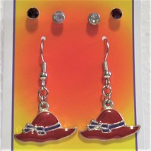 3 pair Fashion Earrings Red and Purple Hats with Crystal AB and Red Studs - £3.19 GBP