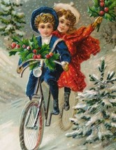 Christmas Postcard Victorian Children Rides Bicycle Meridian 1908 BW 296 Germany - £20.88 GBP