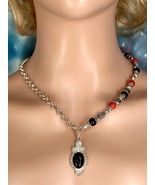 Elegant Asymmetrical  Sterling Silver Onyx Pendant With Red And Black Beads - $25.99