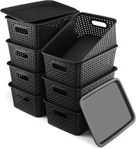 Black Plastic Storage Bins With Lids 8-Pack: Compact Storage Baskets, Of... - $40.98