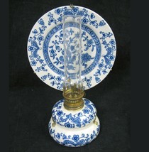 Vintage Porcelain Floral Blue &amp; White Oil Lamp with Reflector Dish Plate JAPAN - $64.30