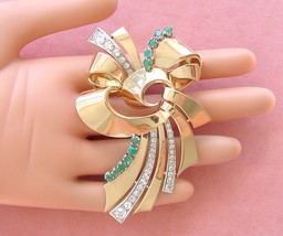 VINTAGE RETRO 2.59ctw MINE DIAMOND .82ctw EMERALD 18K BIG BOW RIBBON BRO... - $7,919.01