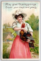 Thanksgiving Greeting Woman In Bonnet With Turkey Postcard V22 - £4.66 GBP