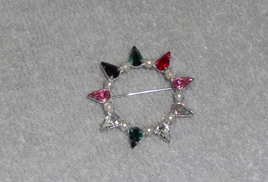 Vintage Brooch Rhinestone &amp; Seed Pearl Pin Multi color stones silver ton... - $3.47