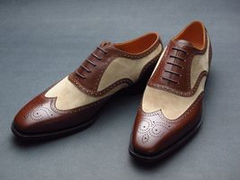 New Handmade Men&#39;s Brown Beige Brogue Leather Oxford Wingtip Dress Formal Shoes - £103.18 GBP
