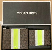 Michael Kors Billfold Wallet Box Set Brown Neon Green Logo 36H1LGFF1B NIB FS - $64.34