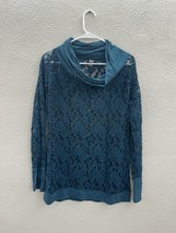 Ruff Hewn Gray Womens Top Size Medium Teal Long Sleeve Sheer Lace Crowl Neck - $13.98