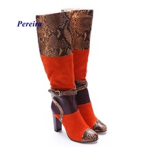 Round Toe Patchwork Snakeskin Boots Chunky Heel Mixed Color Knee High Boots Buck - £173.92 GBP