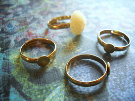 4 Adjustable Ring Blanks Gold Settings Brass with Pad Glue on Rings Wholesale - £1.84 GBP