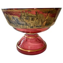Cranberry Gold Gilt Glass Pedestal Bowl Antique Victorian Dish Stagecoach Scene - £279.60 GBP