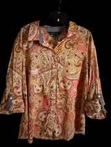 Women’s Tommy Hilfiger Flip Cuffs Chambray Paisley Button Up Blouse Shir... - $11.94