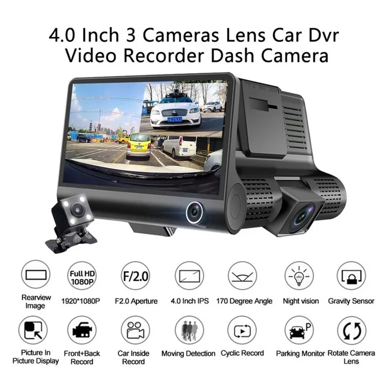Dashcam Car DVRs 4 Inch Car Camera FHD 1080P Auto Recorder Dash Cam 3 Camera - £25.89 GBP