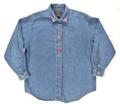 Eddie Bauer Womens Medium Petite Denim Blue Button Shirt Southwestern Em... - $29.69