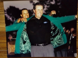 Sports Phil Mickelson 8x10 autographed Masters Win Photo w/ Tiger Woods &amp; COA - £117.84 GBP