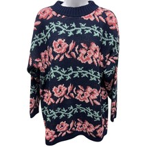 Vintage 80s Private Eye Pink Rose Floral Knit Sweater Cottagecore Slouch... - $42.74