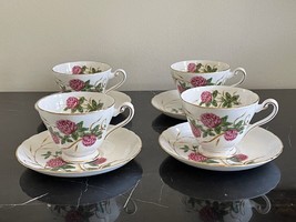 Tuscan Fine English Bone China Four Leaf Clover Pattern Set of 4 Cups &amp; Saucers - £95.65 GBP
