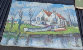 Beautiful Original Oil on Canvas Painting – The Boatyard –Carl Houbein NEEDS TLC - £209.75 GBP