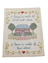 Vintage Embroidered Sampler Cross Stitch 14&quot; x 11&quot; House Home Love Blue Unframed - £11.60 GBP
