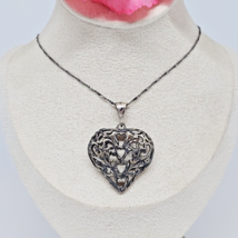 925 Oxidized Sterling Silver Puffy Filigree Heart Pendant Chain Necklace 31” - £31.42 GBP