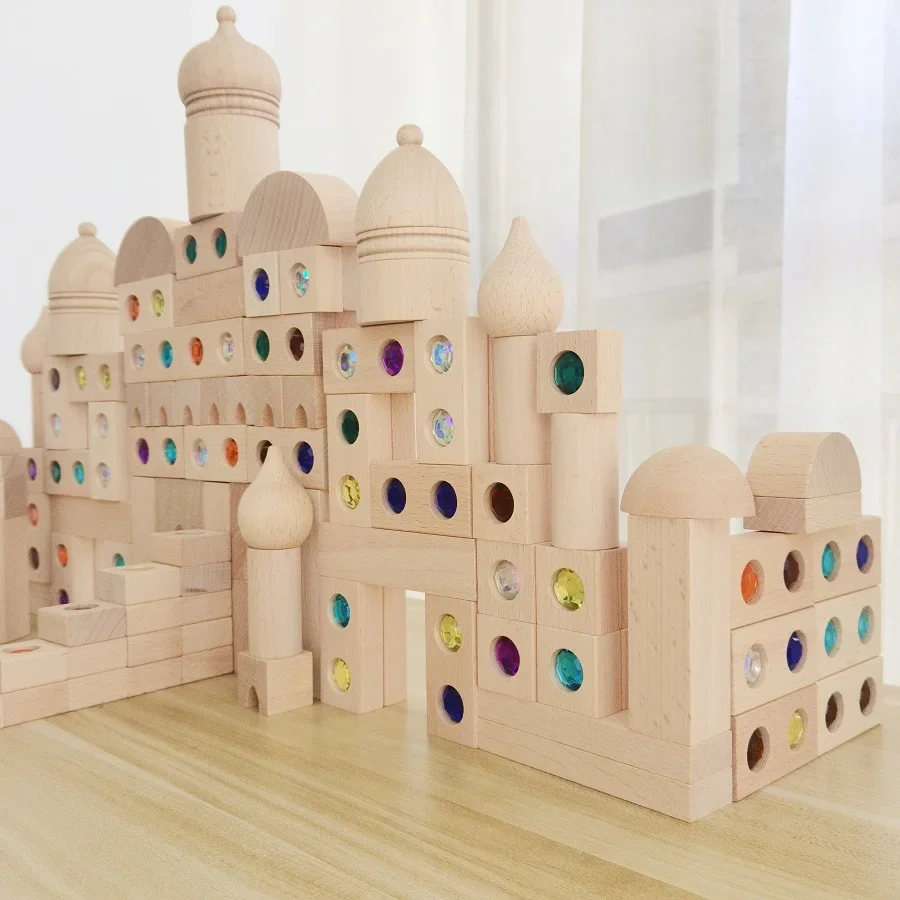 20-100PCS Big Wooden Castle Building Blocks Toys Montessori Stacking Toys for - £35.84 GBP+