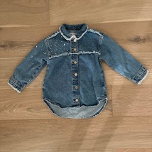 ZARA Kids Girl&#39;s Frayed Denim Button Down Overshirt Shirt Rhinestones 6/7 - £18.07 GBP