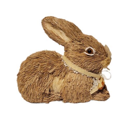 Sisal Bunny Rabbit 8.5 Figure with Carrot Lace Neck Bow Easter Spring