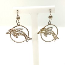 Vintage Sterling Silver Sea Dolphin Fish Filigree Wire Ornate Dangle Earrings - £37.98 GBP