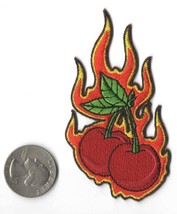 FLAMING CHERRIES IRON-ON / SEW-ON EMBROIDERED PATCH 2 &quot; x 3 1/2 &quot; - £3.82 GBP