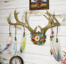 Rustic 12 Point Stag Deer Antlers Flowers And Feathers Rack Wall Hooks Plaque - £54.66 GBP