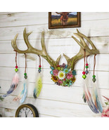 Rustic 12 Point Stag Deer Antlers Flowers And Feathers Rack Wall Hooks P... - $95.31 CAD