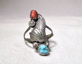 Vintage Navajo Sterling Silver Turquoise Coral Ladies Ring Size 5.75 K101 - £34.81 GBP