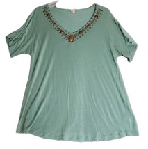 Reba Top Women Sz XL Beaded Embellished Boho Stretch Moss Green T Shirt ... - $14.80