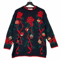 Vintage Christmas Acrylic Sweater Pullover Bells Poinsettias M Holiday Retro - £22.26 GBP