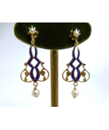 Antique 14kt Yellow Gold, Blue Enamel &amp; Pearl Earrings - €384,66 EUR