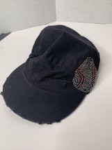 Katydid Baseball Bedazzled Distressed Black Cotton Breton Hat Cap One Size - £6.36 GBP