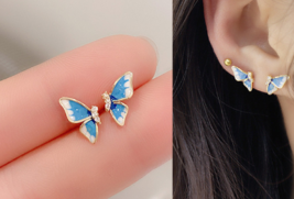 Super beautiful blue butterfly studs small niche design fresh earrings - £15.51 GBP