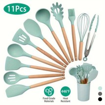 11Pcs Silicone Cooking Utensil Set Heat Resist Wooden Handle Silicone Sp... - $31.04